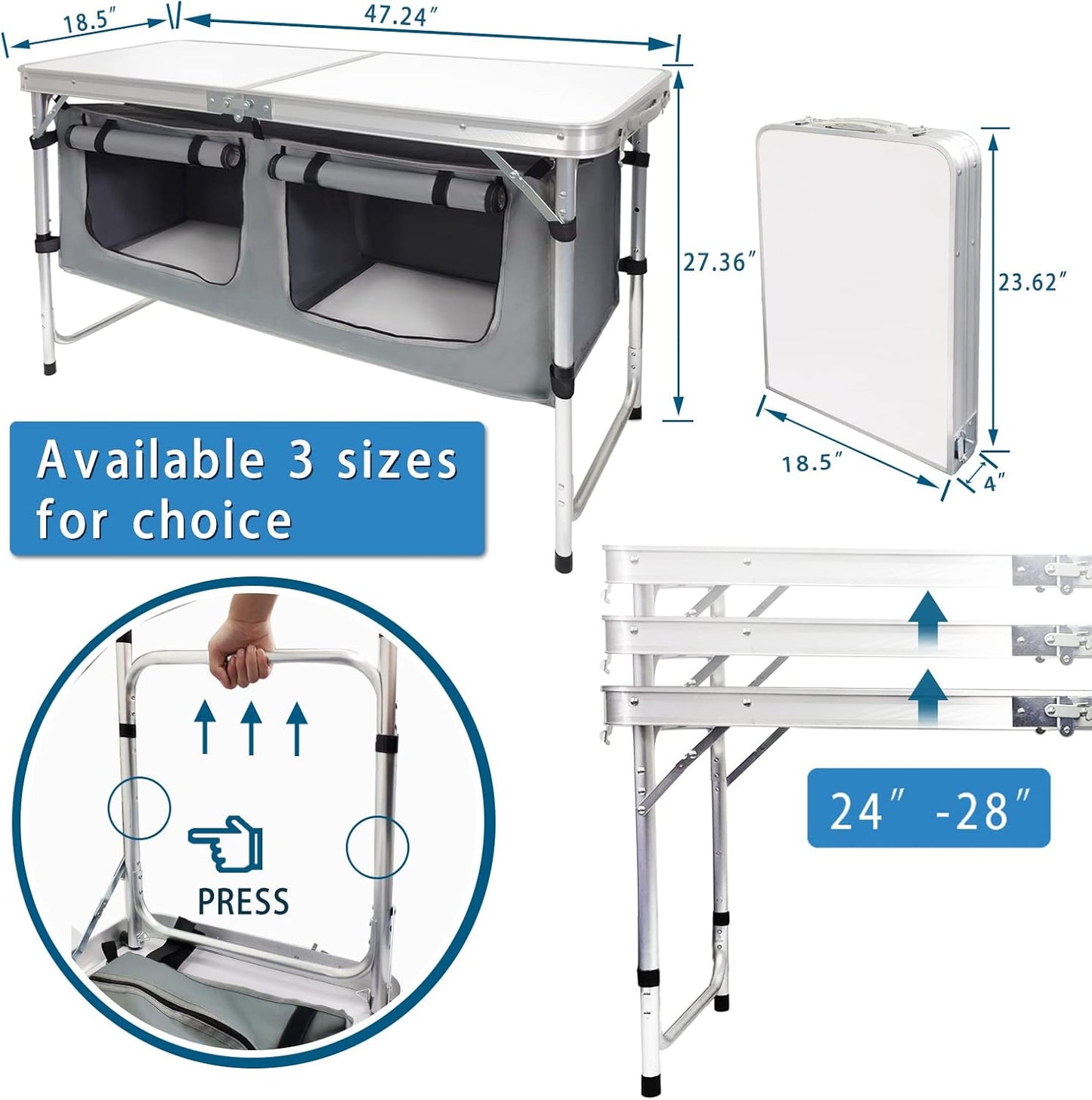 Folding Camping Table with Storage Lightweight Camp Tables Portable Indoor/Outdoor Collapsible Table Height Adjustable Camp Kitchen Perfect for Picnic, Beach, Travel, Tailgating, Backyards, BBQ, Party