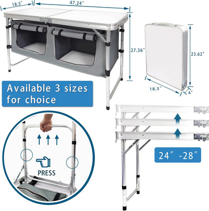 Folding Camping Table with Storage Lightweight Camp Tables Portable Indoor/Outdoor Collapsible Table Height Adjustable Camp Kitchen Perfect for Picnic, Beach, Travel, Tailgating, Backyards, BBQ, Party